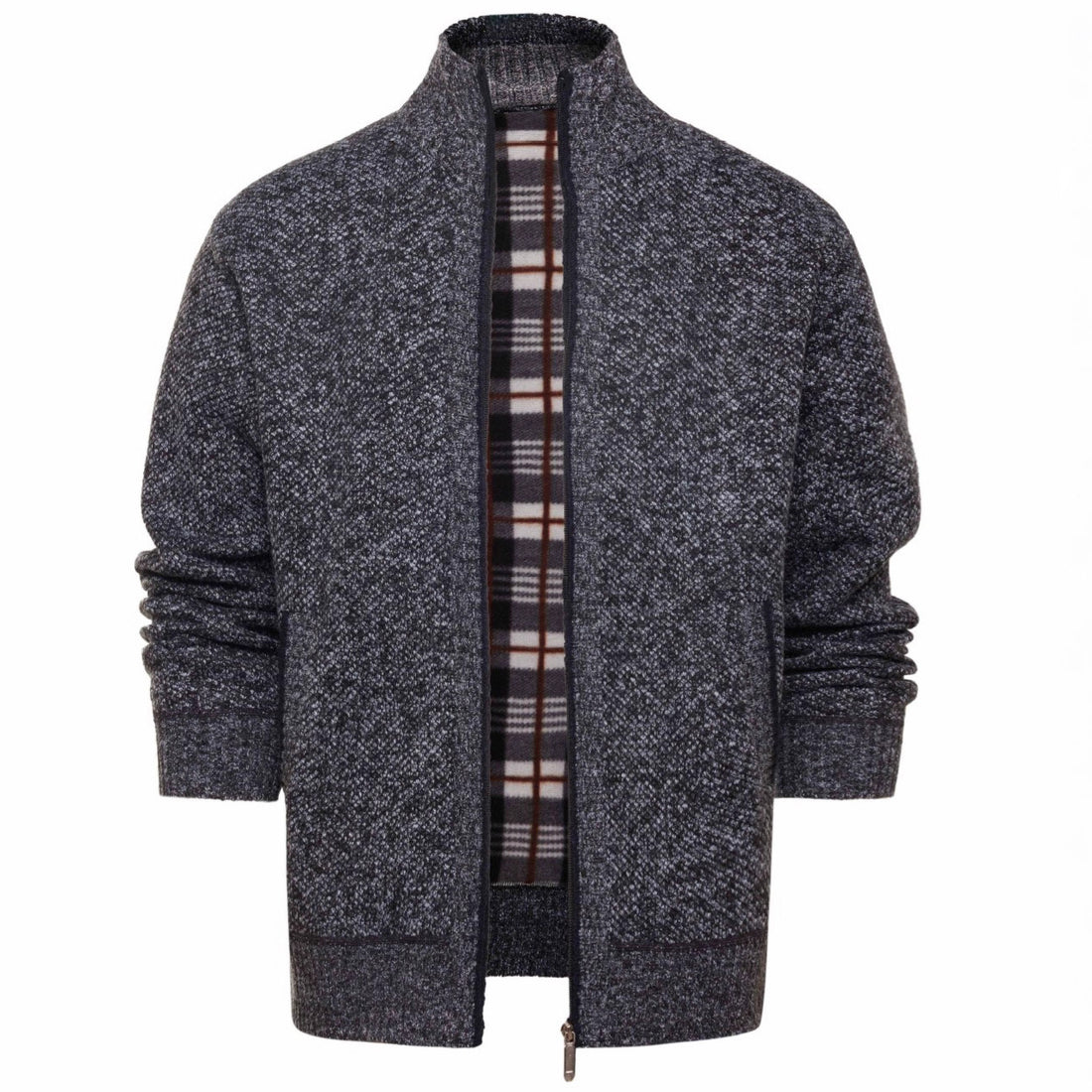Herren sportlicher Strickjacke mit durchgehendem Reißverschluss und innenliegendem Karodesign – Terenzo
