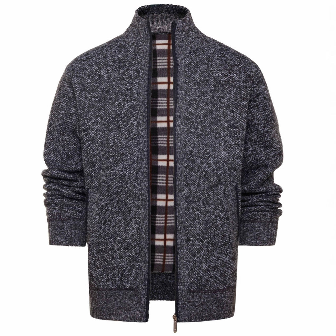 Herren gebürstete Strickjacke mit kariertem Thermofutter und Stehkragen – Taviero