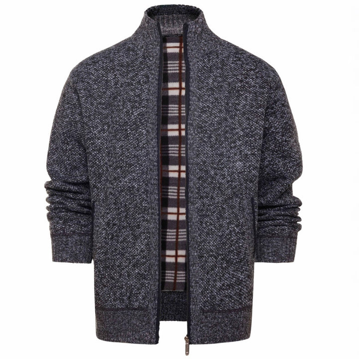 Herren gebürstete Strickjacke mit kariertem Thermofutter und Stehkragen – Taviero