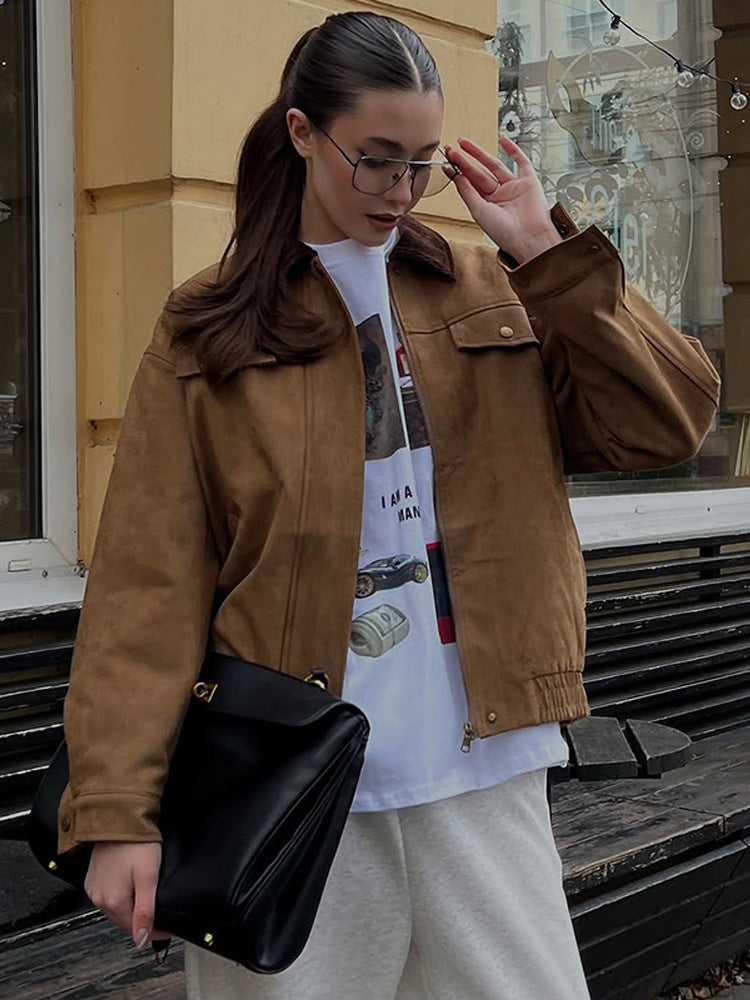 Damen Boxy-Suede-Blousonjacke mit Cordkragen und Teddyfutter Echoarchiv