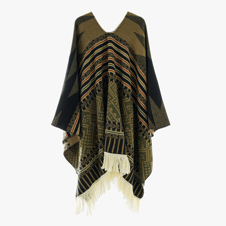 Damen Jacquard‑Ruana im Deckenstil mit V‑Ausschnitt, geometrischem Ethno‑Muster und Fransensaum – Avérine