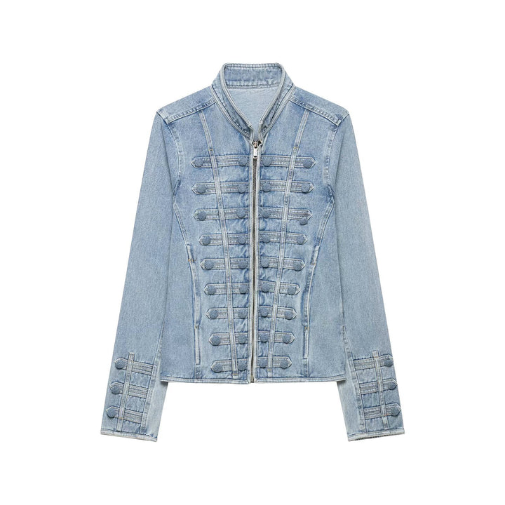 Damen Taillierte Denimjacke mit militärischen Galon‑Details und Stehkragen Echo Archiv