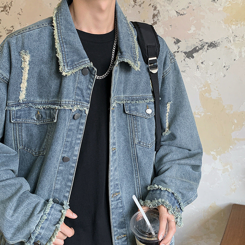 Herren Oversize Jeansjacke mit Used‑Look, ausgefransten Kanten und Druckknöpfen Echo Archiv