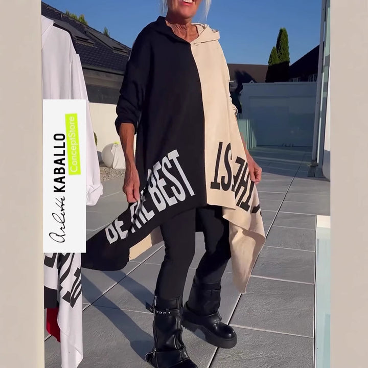 Damen nan weit geschnittener Kapuzenponcho mit asymmetrischem Zipfelsaum und großflächigem Statement-Print Echo Archiv