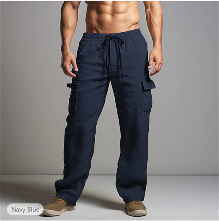 Herren leichte Leinen Cargohose mit elastischem Bund und großen Seitentaschen – Bravaro