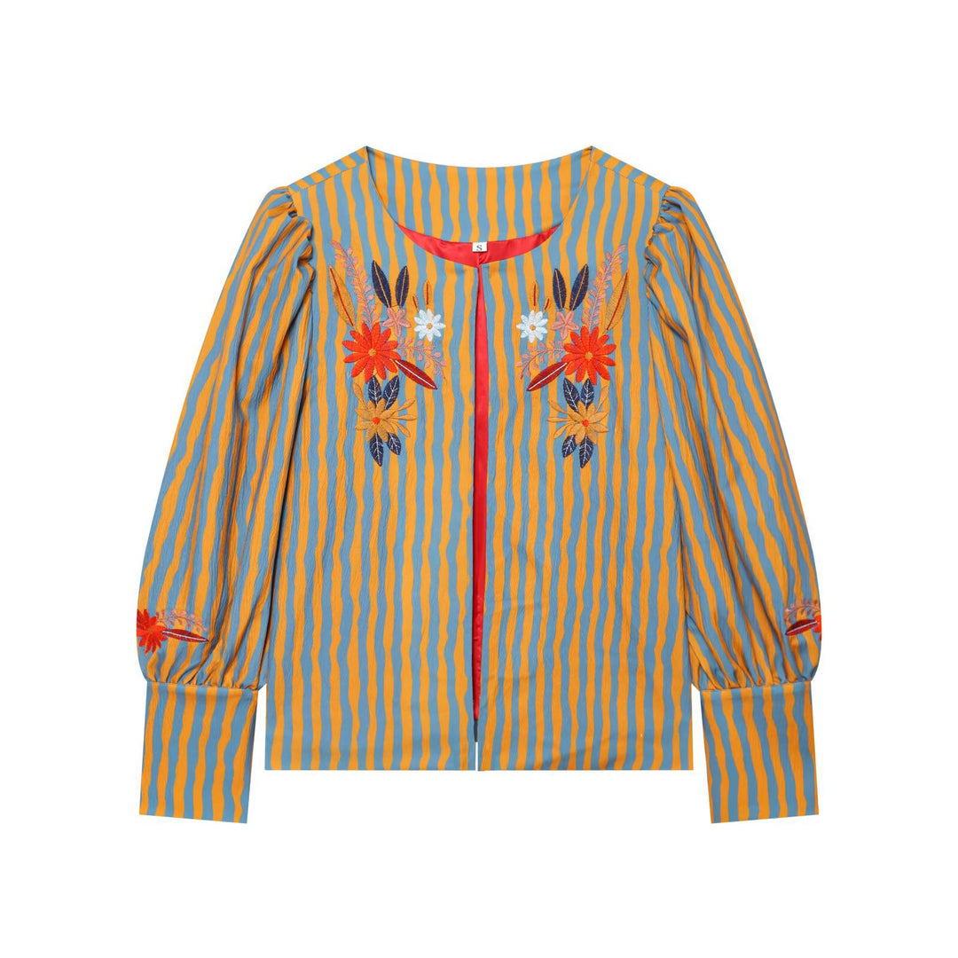 Damen Gestreifte Blusenjacke mit Blumenstickerei und Ballonärmeln Echo Archiv