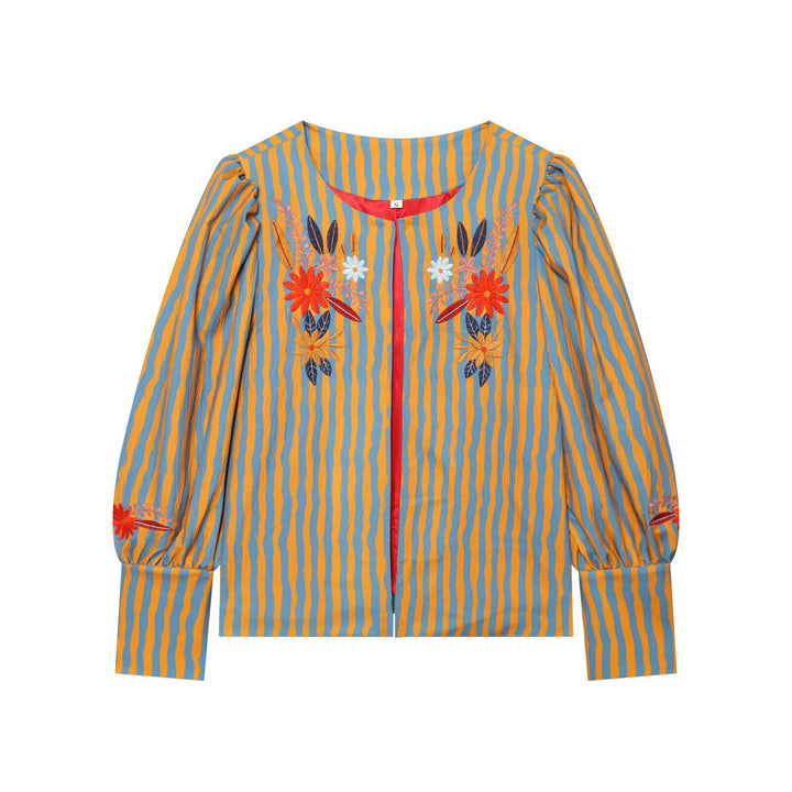 Damen Gestreifte Blusenjacke mit Blumenstickerei und Ballonärmeln Echo Archiv