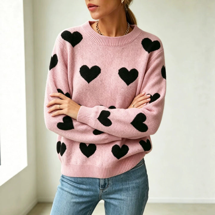 Damen Herz-Intarsien Rundhalspullover mit lässiger Oversize-Passform – Mavelle