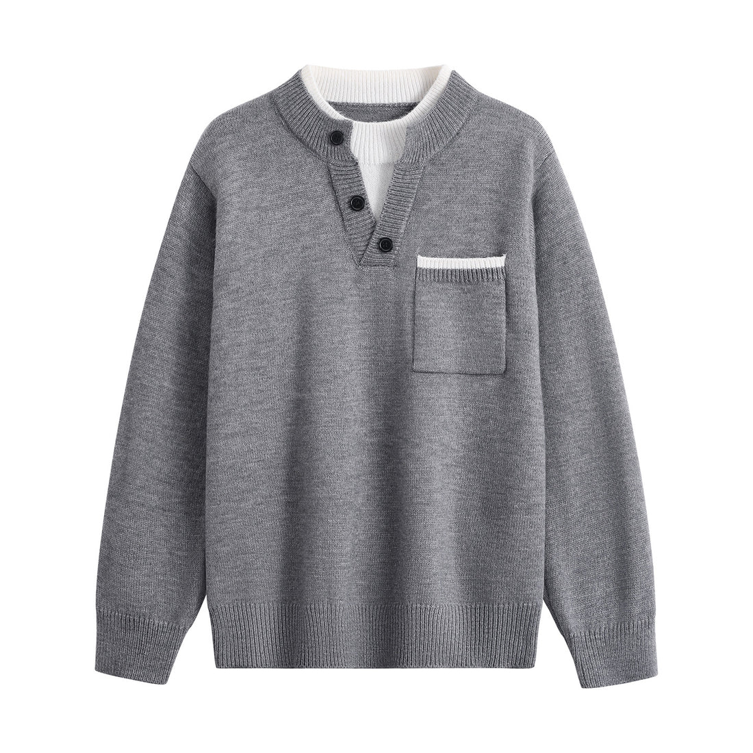 Herren Feinstrick-Henley-Pullover mit Knopfleiste, Brusttasche & Kontrastkragen Echoarchiv