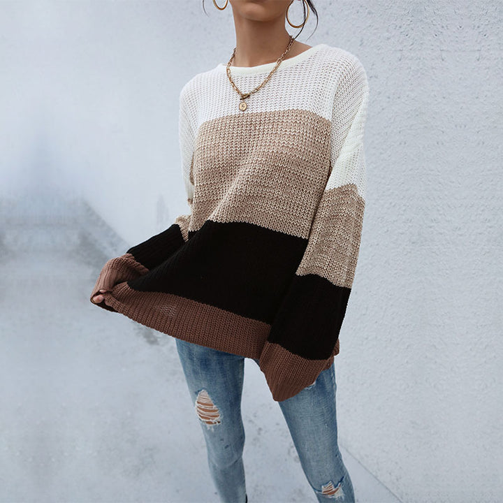 Damen Lässiger Farbblock-Strickpullover mit offener Maschenstruktur und Rundhalsausschnitt Echoarchiv