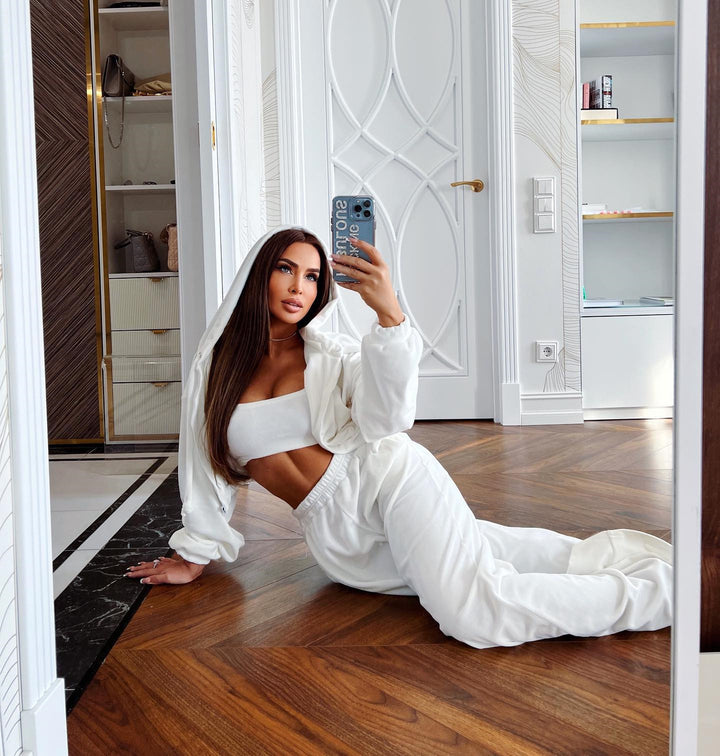 Damen nan kurzes Samt Trainingsset mit Reißverschluss Hoodie und weiter Bund Jogginghose Echo Archiv