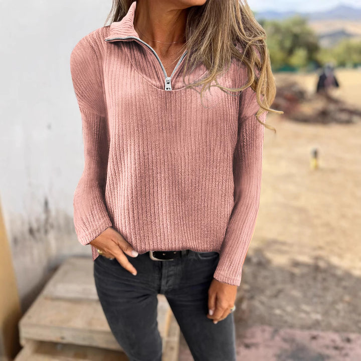 Damen Rippstrickpullover mit halbem Reißverschluss und Stehkragen Echoarchiv