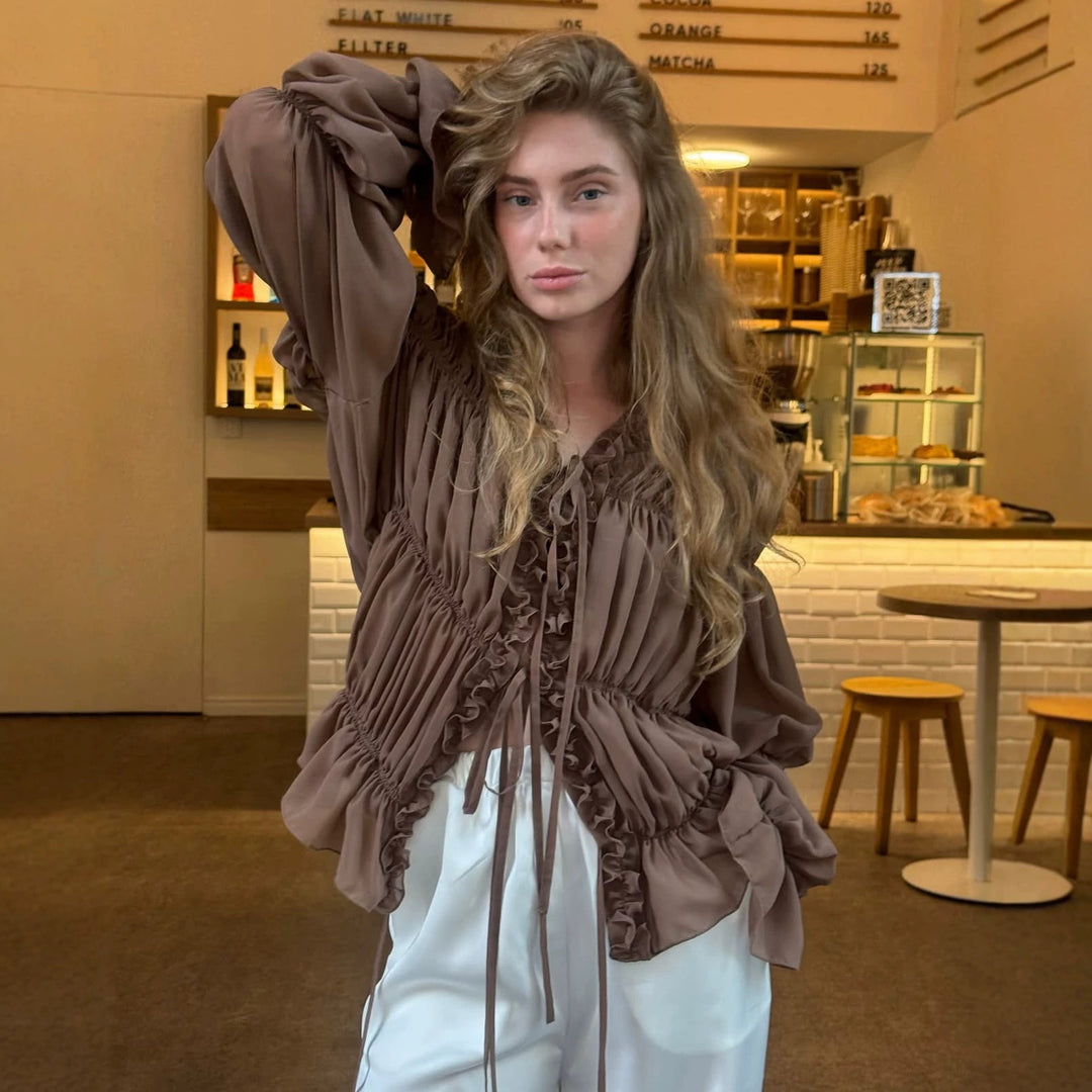 Damen Chiffon-Bluse mit Rüschen, Kordelzug und geraffter Taillenoptik Echoarchiv