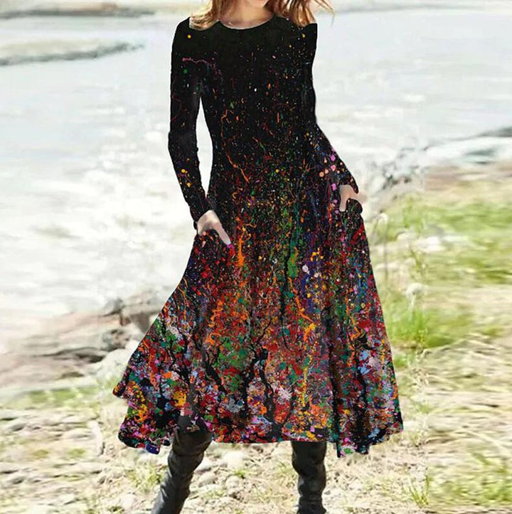 Damen nan A-Linien-Midikleid mit abstraktem Spritzmuster, Rundhalsausschnitt, langen Ärmeln und Eingrifftaschen Echo Archiv