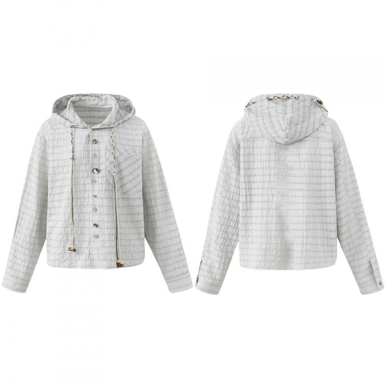 Damen Leichte Kapuzen-Blousonjacke aus strukturierter Baumwollmischung mit Knopfleiste und Zierkordel Echo Archiv