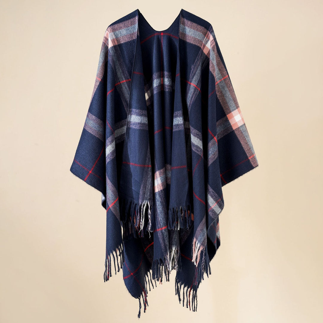 Damen Weit geschnittener Karierter Poncho mit Fransen und V‑Ausschnitt – Avérine