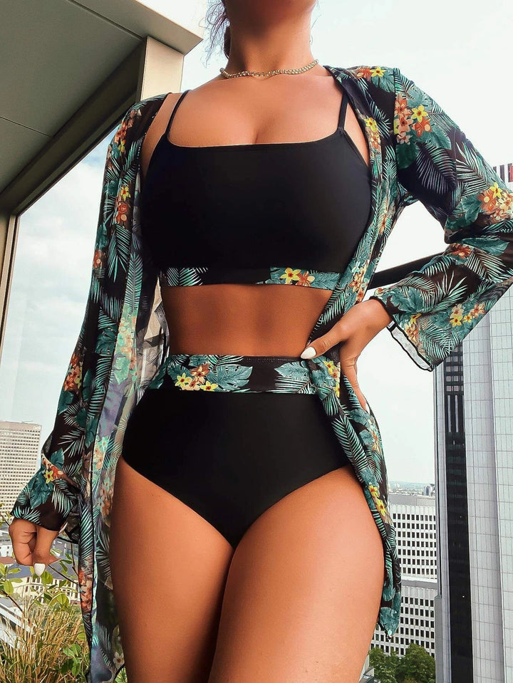 Damen Bikini-Set mit hochgeschnittenem Höschen und floralem Kimono Echo Archiv