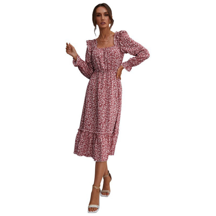 Damen Romantisches Midikleid mit quadratischem Ausschnitt, geraffter Taillenpassform und Stufenvolant Echoarchiv
