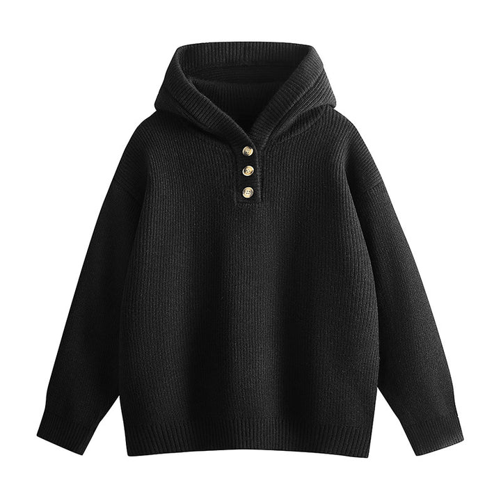 Damen Relaxed Kapuzenpullover aus geripptem Strick mit Halbsteg-Knopfleiste Echoarchiv