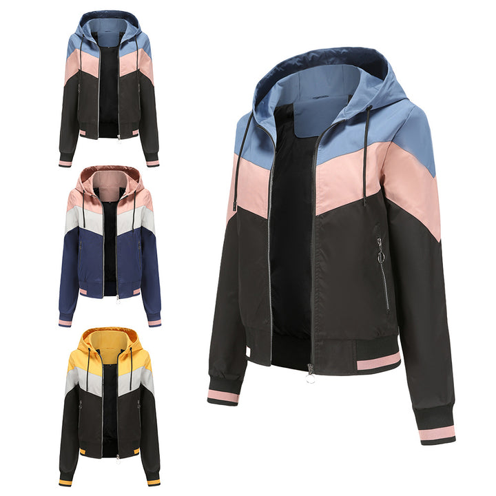 Damen nan leichte Windbreaker-Jacke mit Kapuze, Blockpaneel-Design, Reißverschlusstaschen und elastischem Saum Echo Archiv
