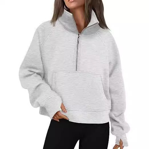 Damen nan kurzer Halfzip-Sweater mit hohem Stehkragen, Kängurutasche und verlängerten Daumenlöchern Echo Archiv
