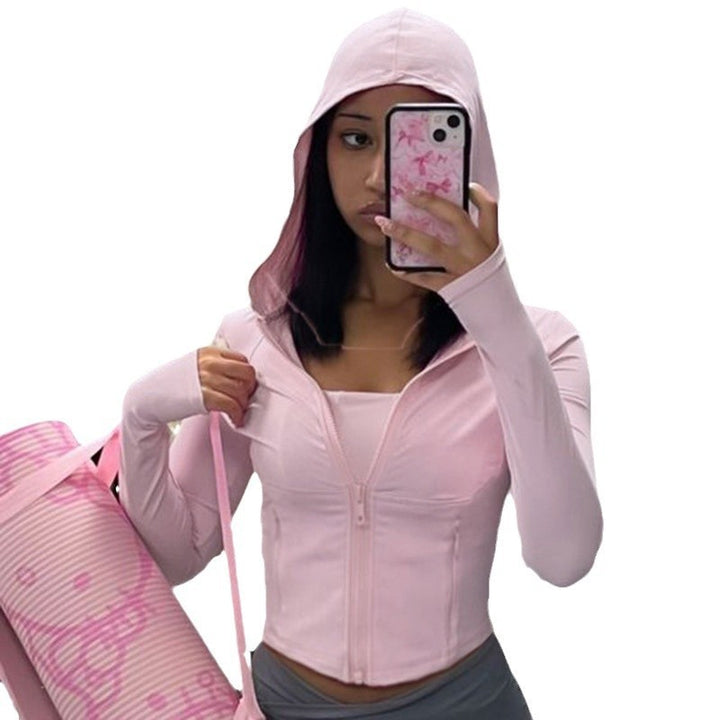 Damen nan kurzes Ripp-Kapuzenhoodie mit halbem Reißverschluss, langen Ärmeln und Daumenloch Echo Archiv