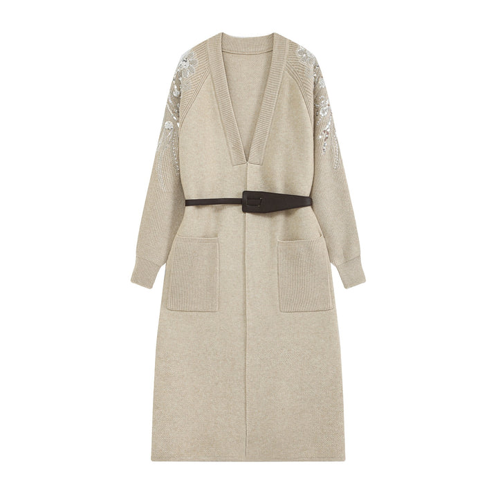 Damen Lange Strickjacke mit Gürtel, tiefem V‑Ausschnitt und bestickten Paillettenärmeln Echo Archiv