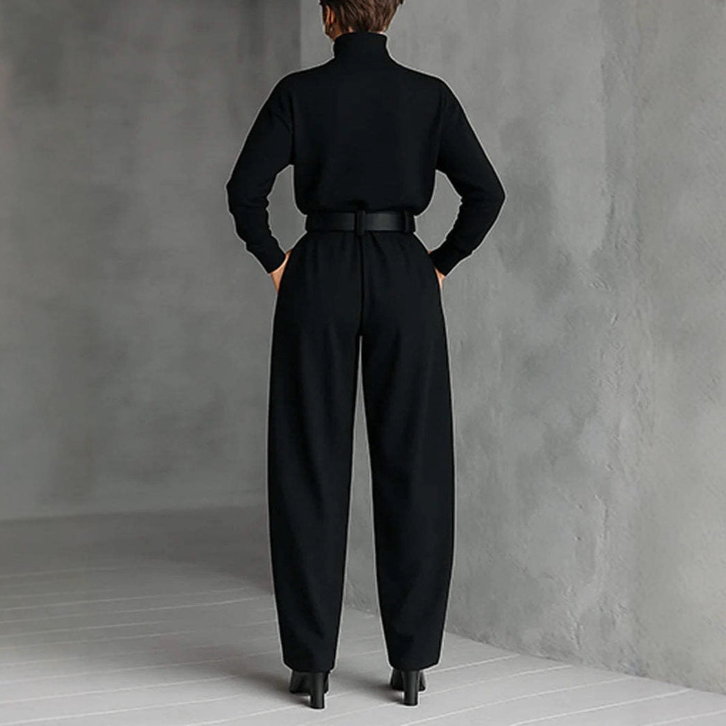 Damen nan elegante hochgeschnittene Plisseehose mit weitem Bein und Rollkragen-Feinstricktop Echo Archiv