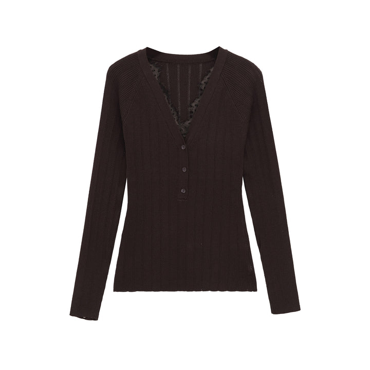 Damen Geripptes Langarm-Feinstrick-Top mit tiefem V‑Ausschnitt, Knopfleiste und Spitzenbesatz Echo Archiv