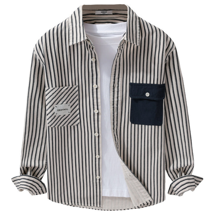 Herren Gestreiftes Overshirt mit Kontrast-Brusttaschen und Kentkragen aus Baumwollmix Echoarchiv