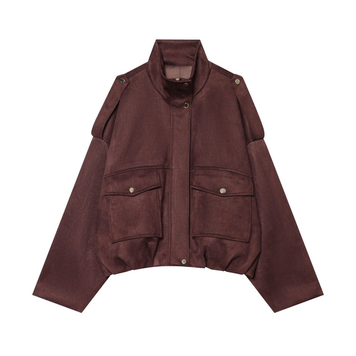 Damen kurzes Veloursblouson mit Stehkragen, Schulterpaspeln und aufgesetzten Klappentaschen – Célinea