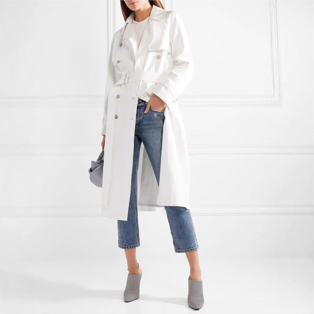Damen Midilanger Einreihiger Trenchcoat mit Sturmlasche und verstellbaren Manschetten Echoarchiv