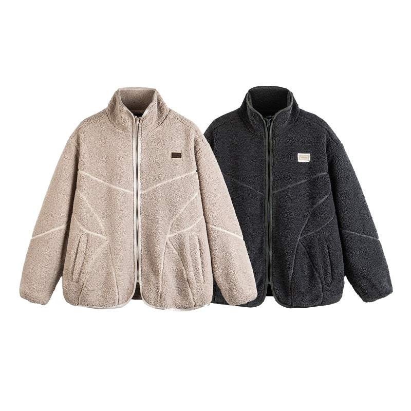 Unisex Teddy-Fleece-Blousonjacke mit Stehkragen und geometrischer Nahtführung Echoarchiv
