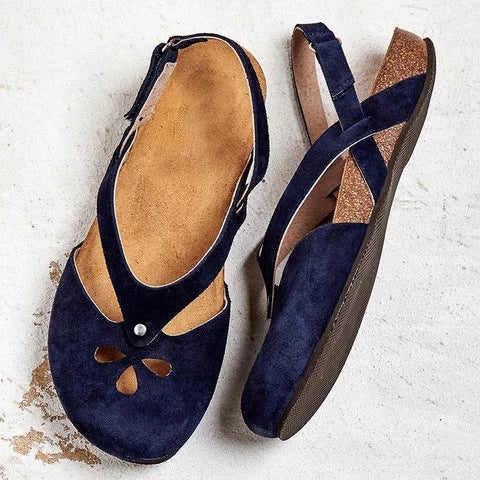 Damen nan geschlossene Slingback-Sandale aus Veloursleder mit ergonomischem Kork-Fußbett und dekorativen Loch-Aussparungen Echoarchiv