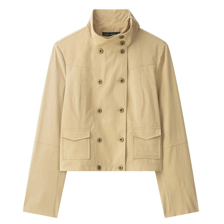 Damen Cropped Doppelreihige Kurzjacke im Blousonstil mit Stehkragen und Pattentaschen Echo Archiv