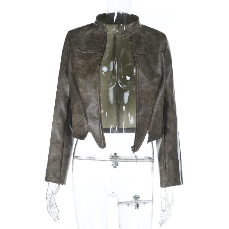Damen Kurz geschnittene Bikerjacke aus Vintage‑Optik Kunstleder – Avérine