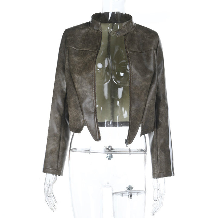 Damen Kurz geschnittene Bikerjacke aus Vintage‑Optik Kunstleder – Avérine