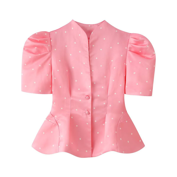 Damen Polka-Dot Bluse mit Stehkragen, Puffärmeln und tailliertem Schößchen Echo Archiv