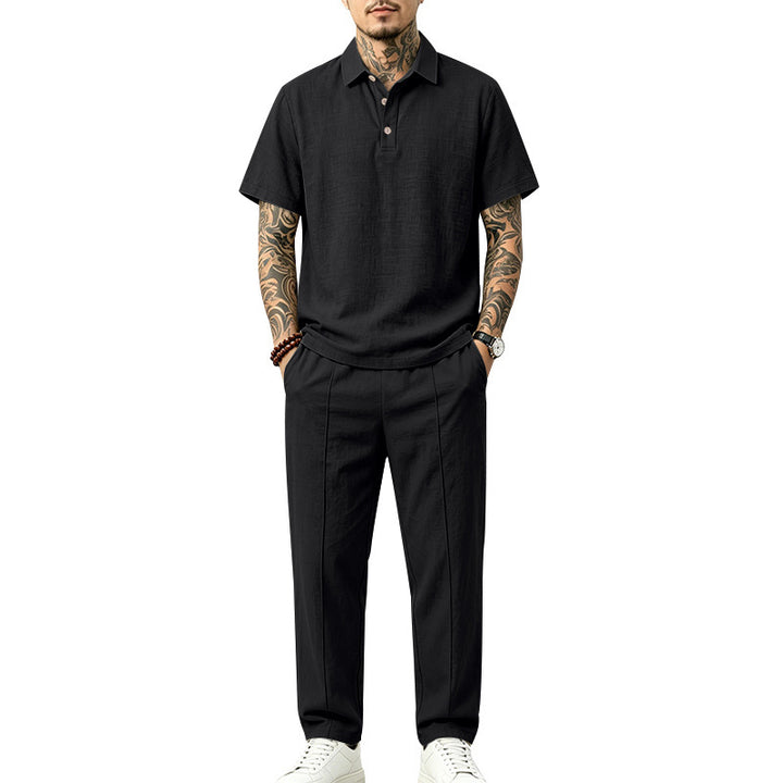 Herren Leichtes Leinenoptik-Loungewear-Set mit Polokragen und Bundfalten Echoarchiv