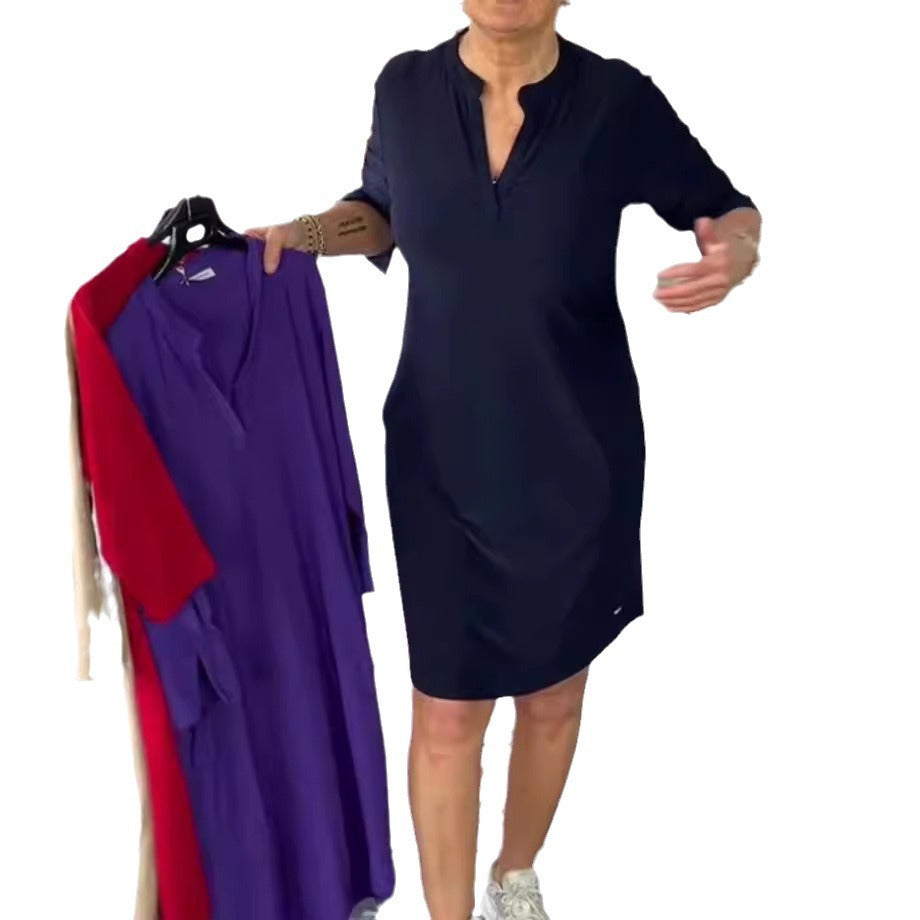 Damen nan knielanges legeres Jerseykleid mit Stehkragen und V-Ausschnitt Echo Archiv