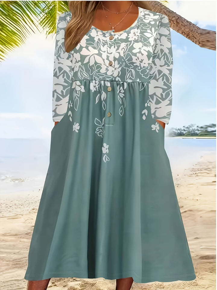 Damen Maxikleid mit V-Ausschnitt, Blumenprint, Knopfleiste und Eingrifftaschen Echoarchiv