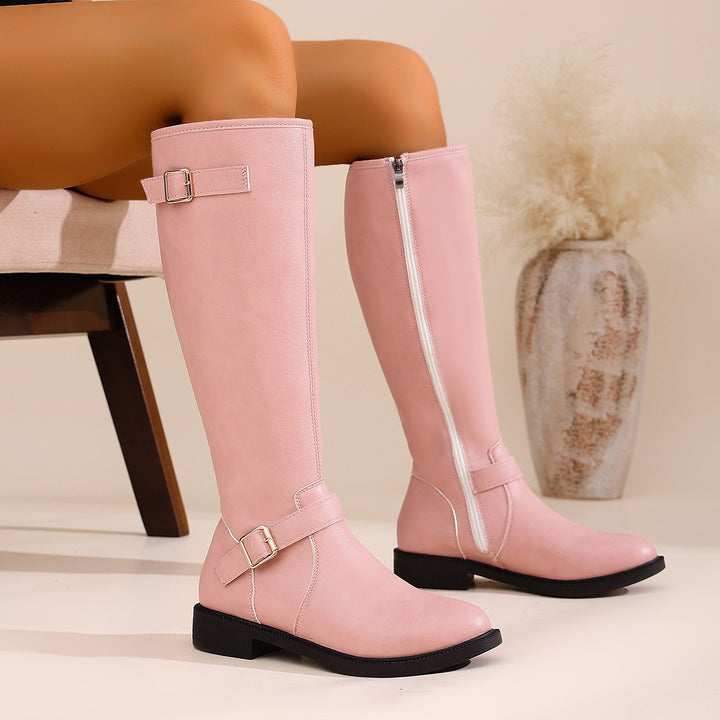 Damen Kniehohe Western‑Stiefel mit Denim‑Schaft und verstellbaren Schnallenriemen – Lioré
