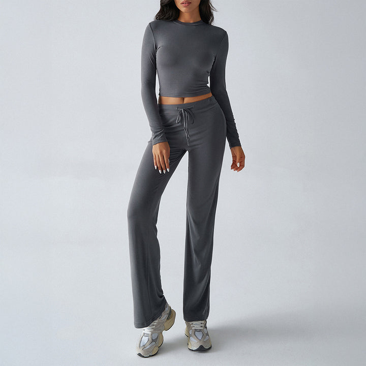 Damen nan tailliertes Longsleeve-Crop-Top und weite Lounge-Hose im Zweiteiler-Set aus Stretchjersey Echo Archiv