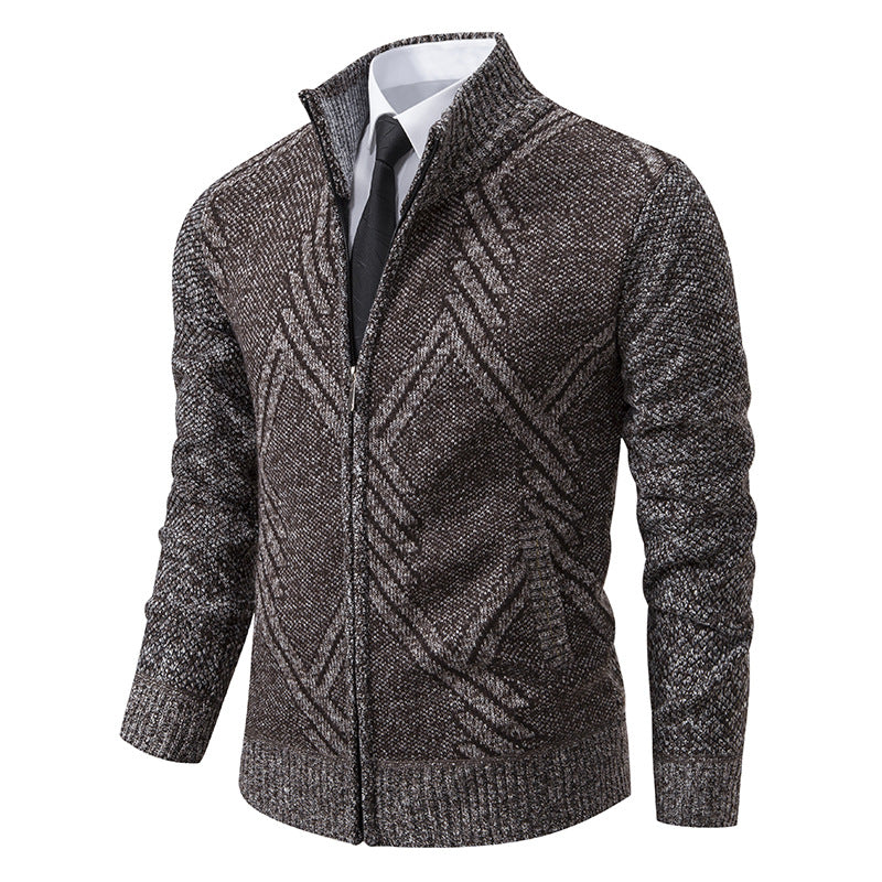 Herren Grobgestrickte Zip‑Strickjacke mit Stehkragen und geometrischem Strukturmuster Echo Archiv