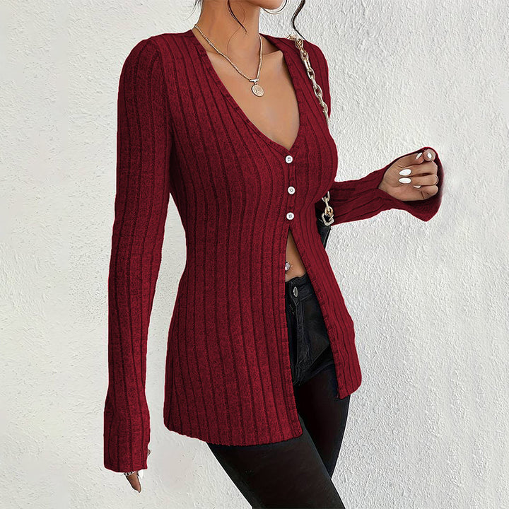 Damen gerippter V-Ausschnitt-Cardigan mit Knopfleiste taillierter Longline-Silhouette – Veloura