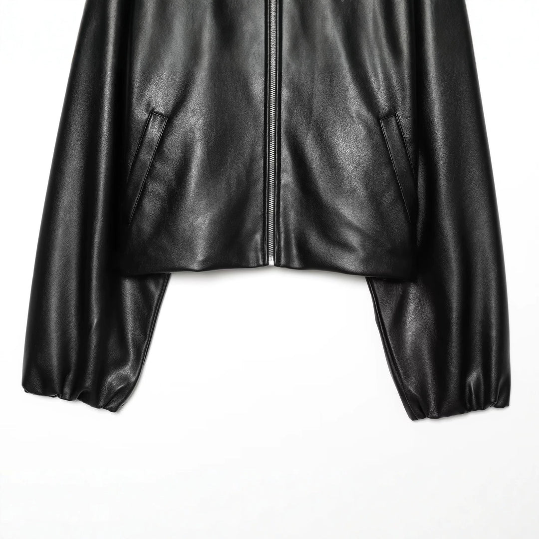 Damen Gekürzte Kunstlederjacke mit Stehkragen und Reißverschluss Echoarchiv