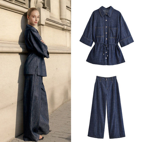 Damen Weite High-Waist Denim-Hose mit Bügelfalte und weitem Bein Echo Archiv