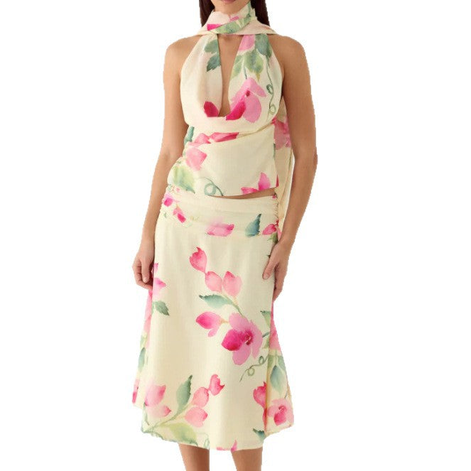 Damen Elegantes Chiffon-Top mit floralem Halsband und tiefem Ausschnitt Echo Archiv