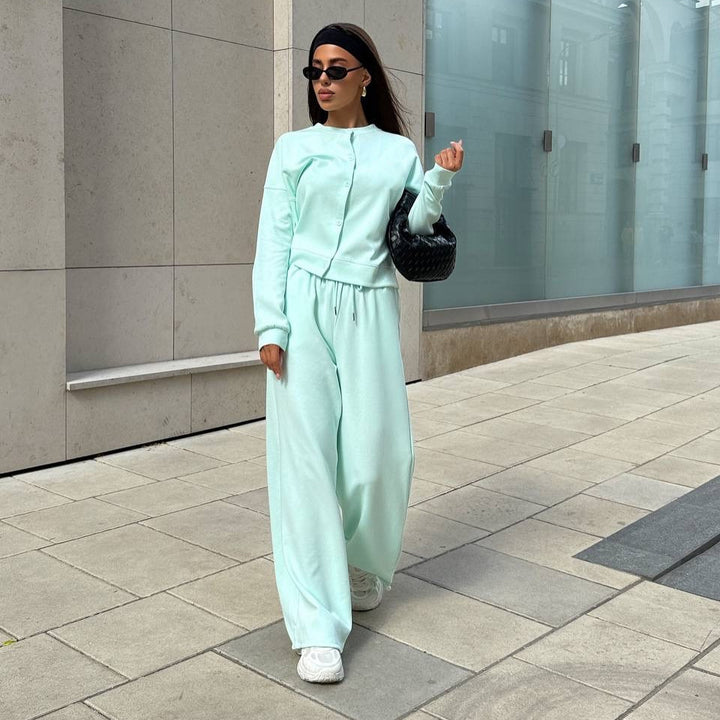 Damen Zweiteiliges Loungewear-Set mit verdeckter Druckknopf-Cardigan und weiten High-Waist Jogpants – Élanora