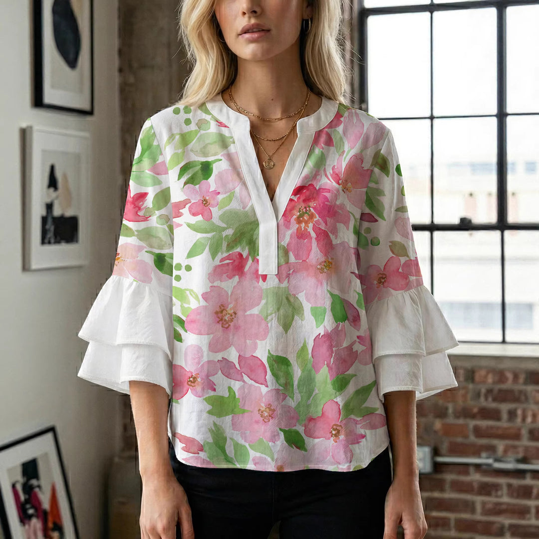 Damen Bluse mit voluminösen Rüschenärmeln und floralem Druck Echo Archiv
